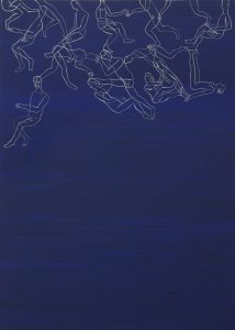 Tegning mot blå bunn, 2007, 140 x 100 cm, akryl