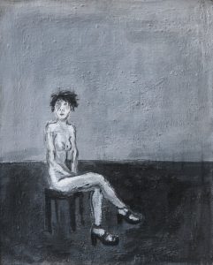 Kvinne med på platåsko, 1978, akryl