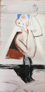 Akrylmaleri. Mannsfigur med åpne hender løftet oppover med håndflatene vendt mot seg selv. Figuren er plassert foran en hvit trekant.